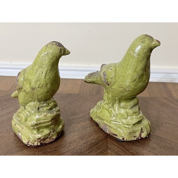 MCM Green Crackle Glaze Art Pottery Bird Figures Set Of 2 Farmhouse Bird Lovers - Picture 3 of 13